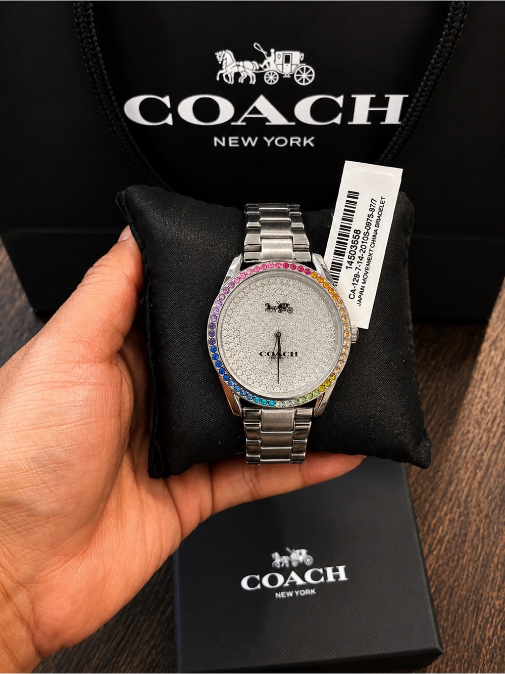 COACH Silver-Tone Watch with Rainbow Crystal Bezel